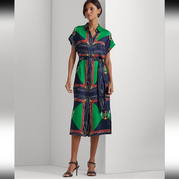 Ralph Lauren shirt dress belted with blue, green, red, nautical, Pockets Sz 2P - Picture 2 of 16
